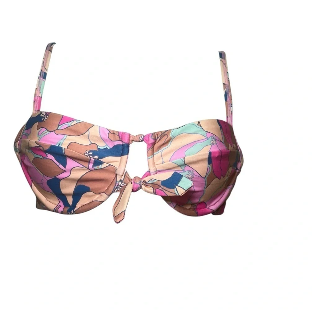 L*Space Floral Rose Bikini Top M NWT Tie Front Pink Blue Swimwear